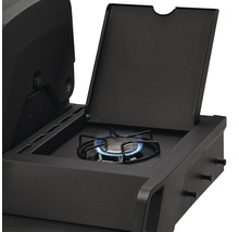 Brûleur latéral de barbecue à gaz avec couvercle ouvert et flamme bleue