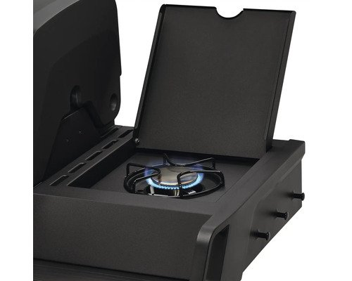 Brûleur latéral de barbecue à gaz avec couvercle ouvert et flamme bleue