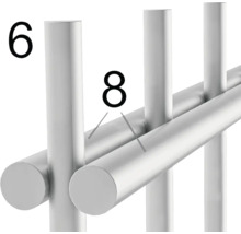 Detailaufnahme eines Metallregals mit den Nummern sechs und acht