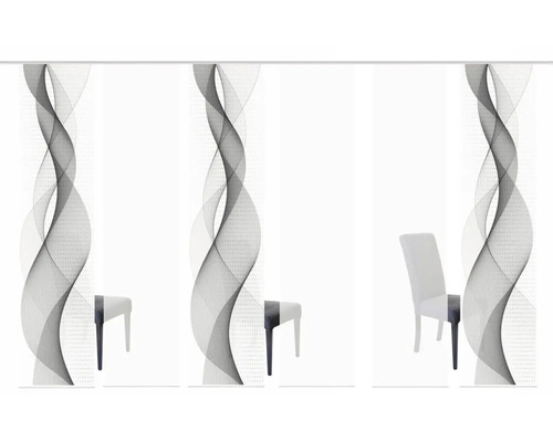 Schiebevorhang mit abstraktem Wellenmuster und teilweiser Stuhldarstellung