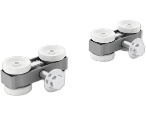 Deux galets de porte coulissante avec support gris et roulettes blanches.