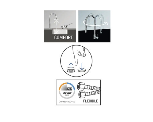 Robinet d''évier confort avec bec pivotant, flexibles de raccordement et garniture de vidage