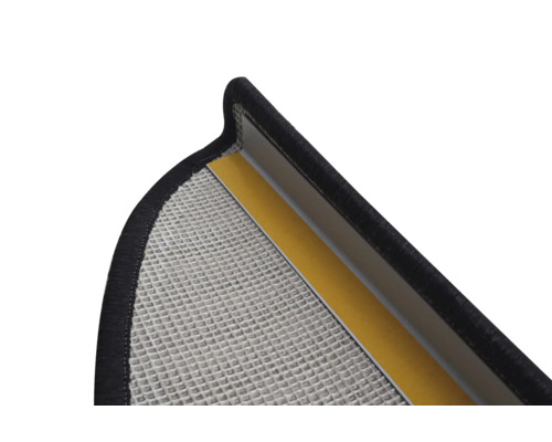 Detailansicht einer Fussmatte mit Gitterstruktur, Kantenschutz und Klebestreifen.