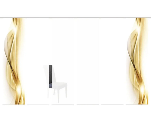 Schiebegardine mit abstraktem Muster und Stuhl