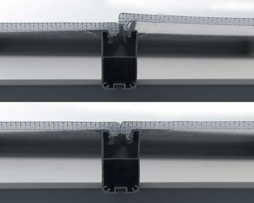 Gros plan de plaques en polycarbonate insérées dans un profilé en aluminium