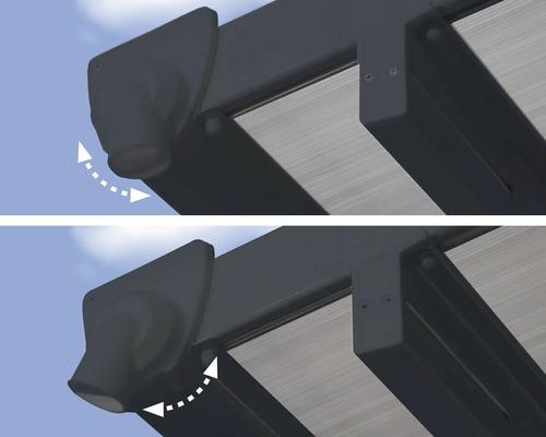 Detailansicht eines verstellbaren Terrassendach-Elements mit Drehfunktion