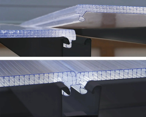 Detailaufnahme von Doppelstegplattenverbindungen.
