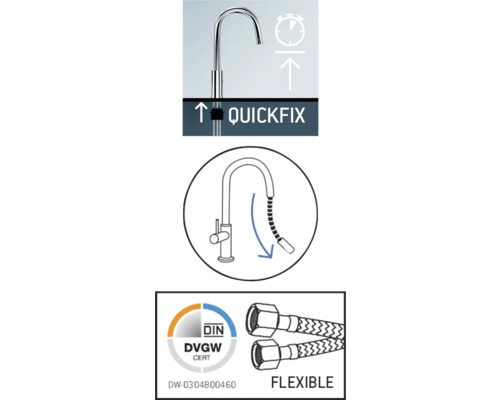 Schnellbefestigungssymbol. Symbol für flexible Brauseschlauchs. Deutsches Vereinigung des Gas- und Wasserfaches Zertifizierung