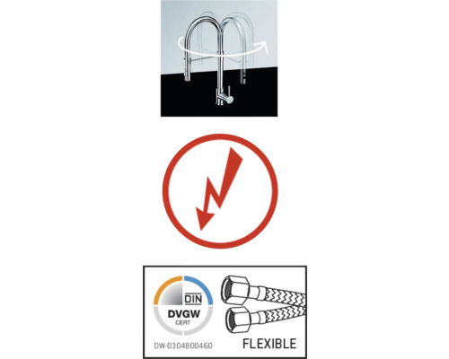 Robinet de cuisine avec bec pivotant, symbole de la foudre, certification eau potable