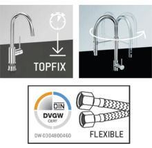 Merkmale einer Küchenarmatur: Top-Fix-System, schwenkbar, Deutsches Verein des Gas- und Wasserfaches zertifiziert, flexibler Anschluss