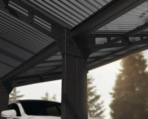 Detailansicht eines Carports mit Metaldach und stabilen Säulen