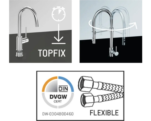 Caractéristiques du produit : Montage rapide, robinet pivotant, certification DIN DVGW, tuyaux flexibles