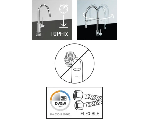 Caractéristiques du produit : Fixation Topfix, plage de pivotement, revêtement anti-empreintes digitales, certification DVGW, tuyaux de raccordement flexibles