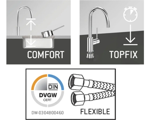 Zone de confort, système de montage rapide Topfix, label DIN DVGW CERT, tuyaux flexibles