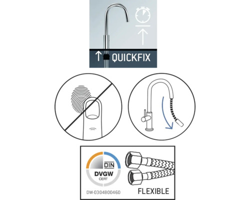 Caractéristiques du produit : montage rapide, revêtement anti-traces de doigts, tuyaux flexibles et certification DVGW