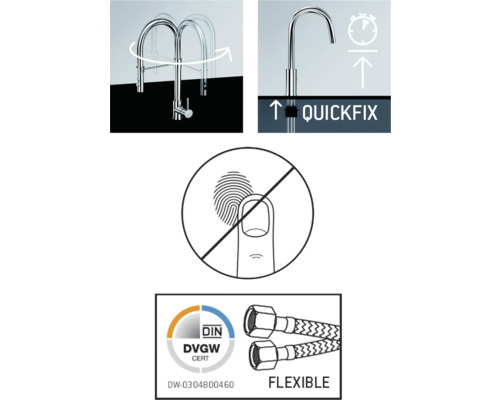 Caractéristiques du produit : Zone pivotante, fixation rapide, revêtement anti-traces de doigts, certification eau potable, raccordement flexible