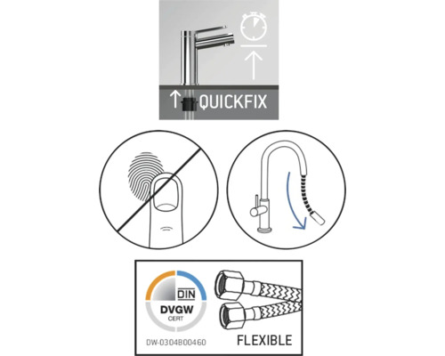 Système de montage rapide, anti-traces de doigts, douchette extractible, certification DVGW et tuyaux flexibles.