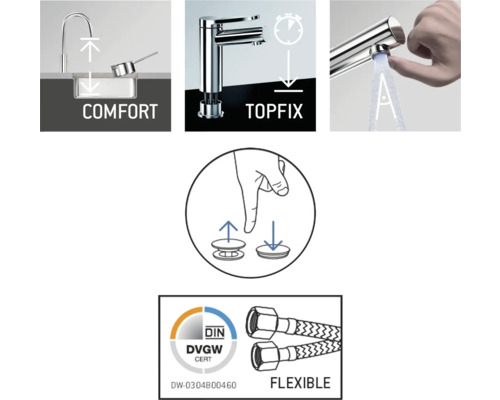 Caractéristiques du produit d''un robinet : confort, Topfix, installation, certification DIN DVGW et tuyaux flexibles