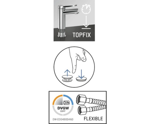 Instructions de montage avec symbole Topfix, instructions de manipulation et certificat DVGW