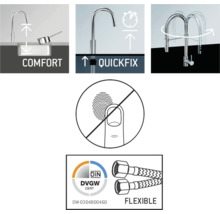 Caractéristiques du produit : Zone de confort, fixation rapide, plage de pivotement, revêtement anti-empreintes digitales, Deutsches Institut für Normung Deutscher Verein des Gas- und Wasserfaches certifié, raccordement flexible
