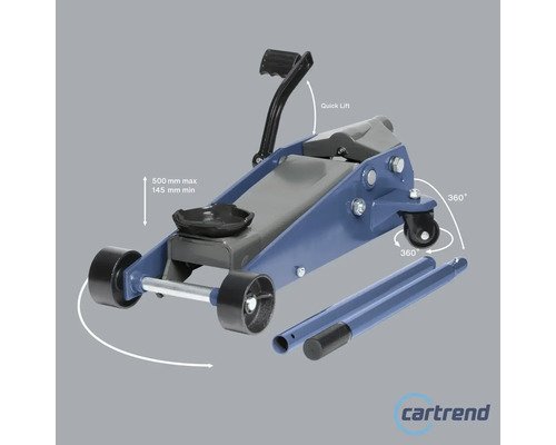 Cric rouleur avec une hauteur de levage maximale de 500 millimètres et une hauteur de levage minimale de 145 millimètres.