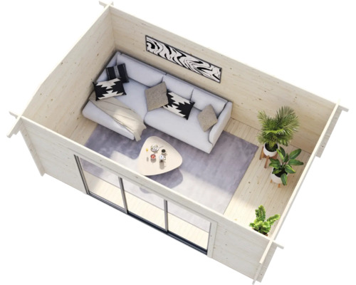 Vue intérieure d''une maison de jardin en bois clair avec canapé, table basse, plantes et façade vitrée