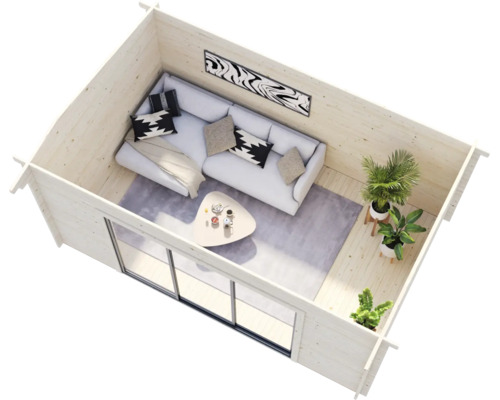 Vue intérieure d''un abri de jardin avec canapé, table, tapis et plantes