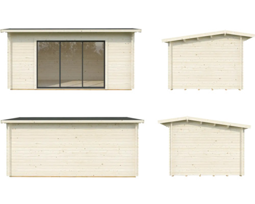 Vues multiples d''un abri de jardin en bois avec fenêtres et toit