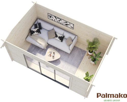 Vue intérieure d''une maison en bois avec canapé, table et plantes