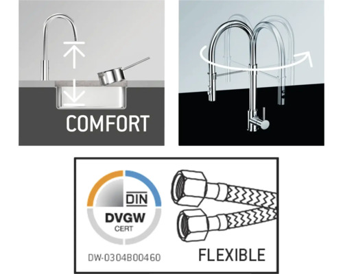Présentation des caractéristiques de confort et de flexibilité d''un robinet de cuisine.