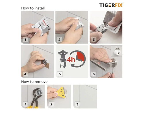 Instructions d''installation et de démontage d''un produit Tigerfix en six étapes.