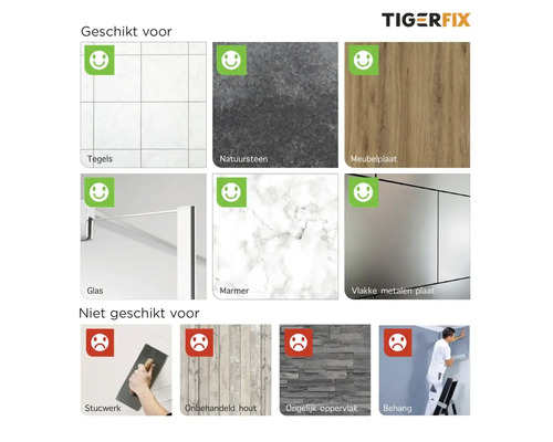 Convient pour carrelage, pierre naturelle, panneaux de meubles, verre, marbre et plaques métalliques lisses, ne convient pas pour le plâtre, le bois brut, les surfaces irrégulières et le papier peint.