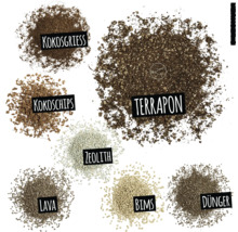 Darstellung verschiedener Substrate für Pflanzen: Kokosfaser, Kokoschips, Terrakultur Substrat, Zeolith, Lava, Bims und Dünger.