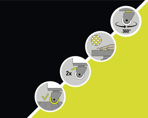 Présentation des caractéristiques du produit : rotation à 360 degrés, surface tactile, roulettes doubles, frein de stationnement