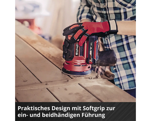 Ponceuse excentrique sans fil à une main Einhell en utilisation sur une surface en bois