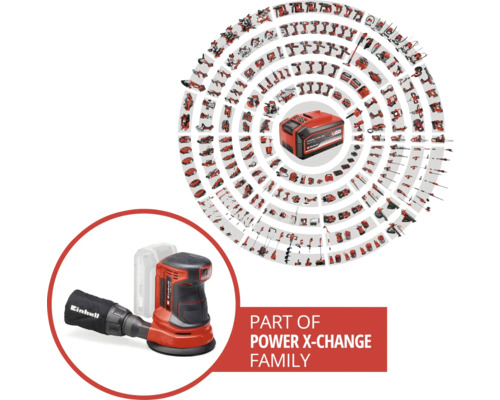 Ponceuse excentrique Einhell et batterie Power X-Change avec d'autres outils de la gamme Power X-Change