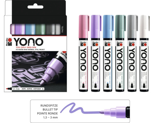 Marabu Yono Acrylmarker Set mit sechs Stiften in Pastellfarben und Rundspitze.