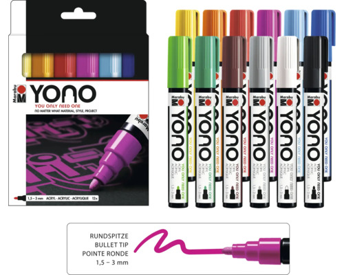 Marabu Yono Marker Set mit zwölf Stiften mit Acrylfarbe und Rundspitze