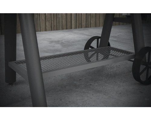 Vue détaillée du chariot de barbecue avec espace de rangement.