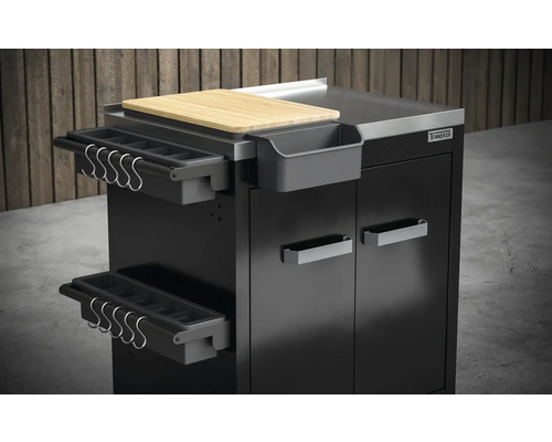 Table de grill noire avec planche à découper et solutions de rangement