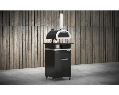 Four à pizza avec support devant un mur en bois