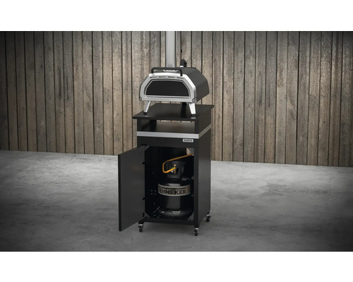 Four à pizza à gaz sur chariot avec porte ouverte et bouteille de gaz