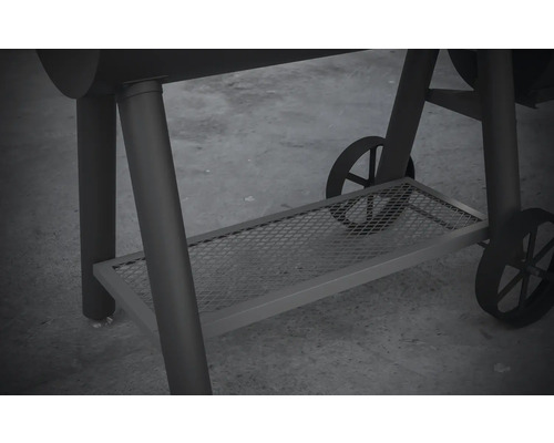 Vue détaillée du chariot de barbecue avec grille de rangement