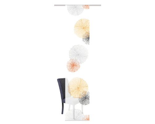 Représentation décorative d''une chaise devant un motif floral abstrait.