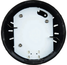 Vue intérieure d''un luminaire LED rond avec un couvercle blanc et un cadre noir.