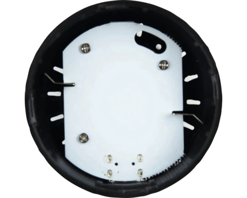 Vue intérieure d''un luminaire LED rond avec un couvercle blanc et un cadre noir.