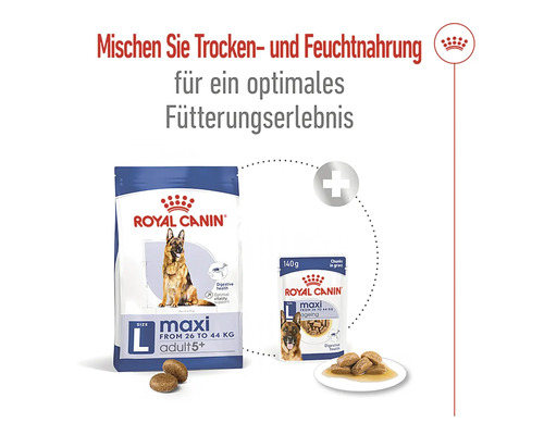 Royal Canin Maxi Adult 5+ Trockenfutter und Royal Canin Maxi Adult in Sauce Portionsbeutel für Hunde