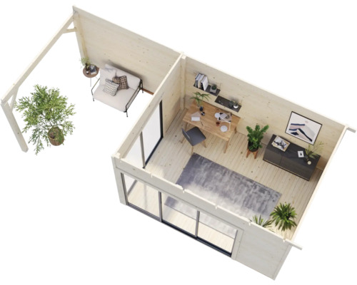 Vue intérieure d''une cabane de jardin moderne avec salon et bureau