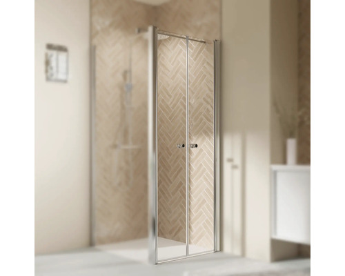 Porte de douche pour paroi latérale avec porte battante BREUER Elana 2.0 Express Q72 90 x 200 cm profilé chrome verre transparent revêtement résistant à la saleté et poignée tampon