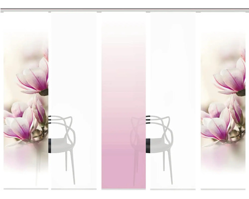 Schiebegardinen mit Magnolien Motiv und rosa Farbverlauf